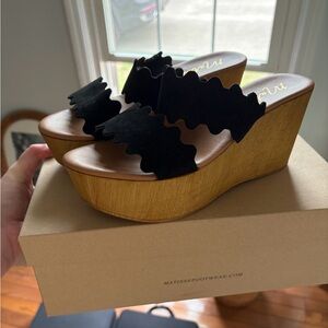 Matisse Black Scalloped Suede Wood-Effect Wedge Sandals